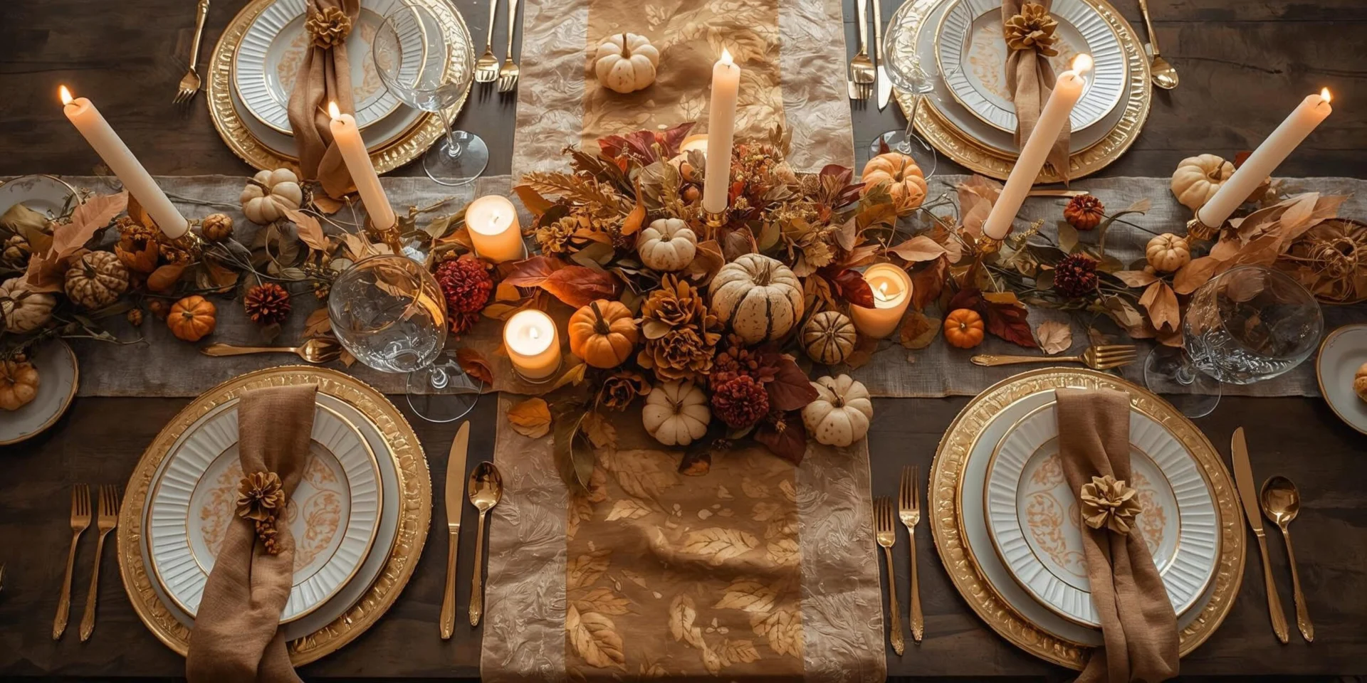 "A Thanksgiving table decorated with gold-rimmed plates, gold cutlery, and soft white candles. A gold table runner runs down the center, and small pumpkins are scattered around the centerpiece.