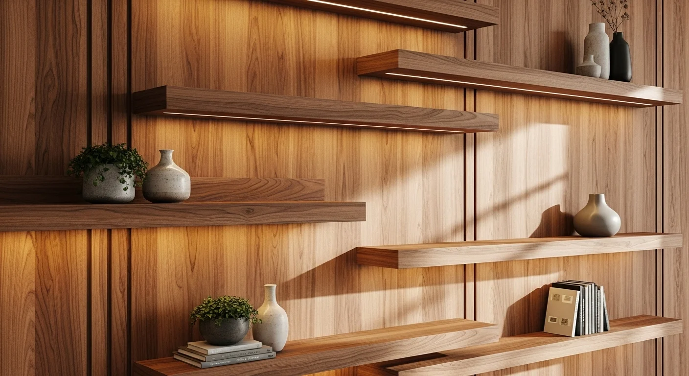 wooden panel wall with Shelves