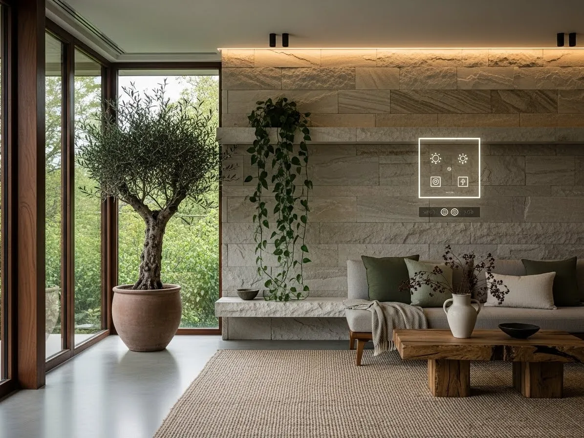 “Biophilic living room design with indoor plants, natural materials, and hidden smart home technology for 2026