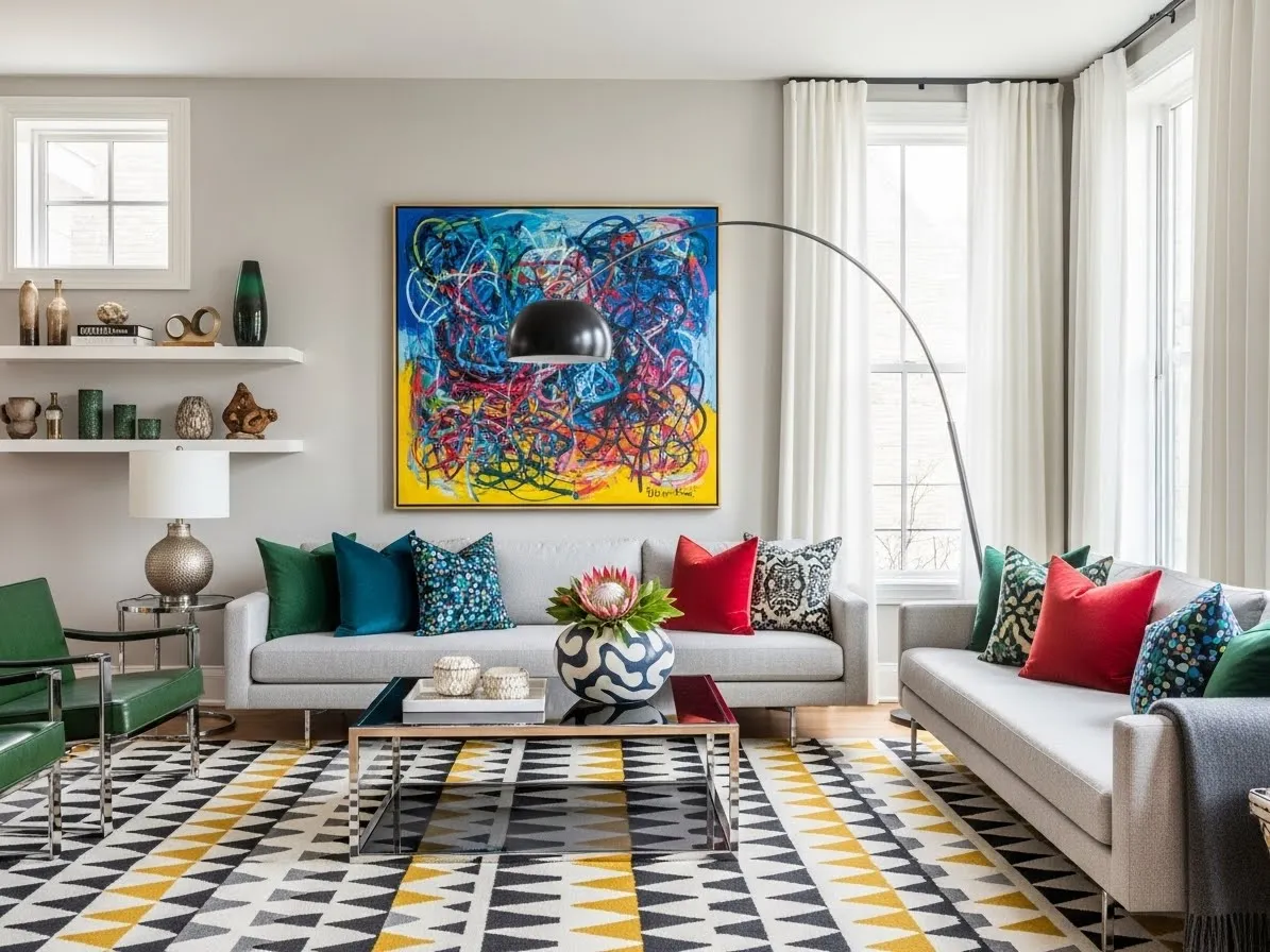 “Bold accent living room with statement wall, graphic rug, colorful cushions, and curated gallery wall for 2026”