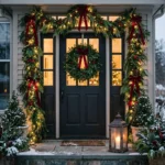 Front door with evergreen garland, holly, pinecones and fairy lights