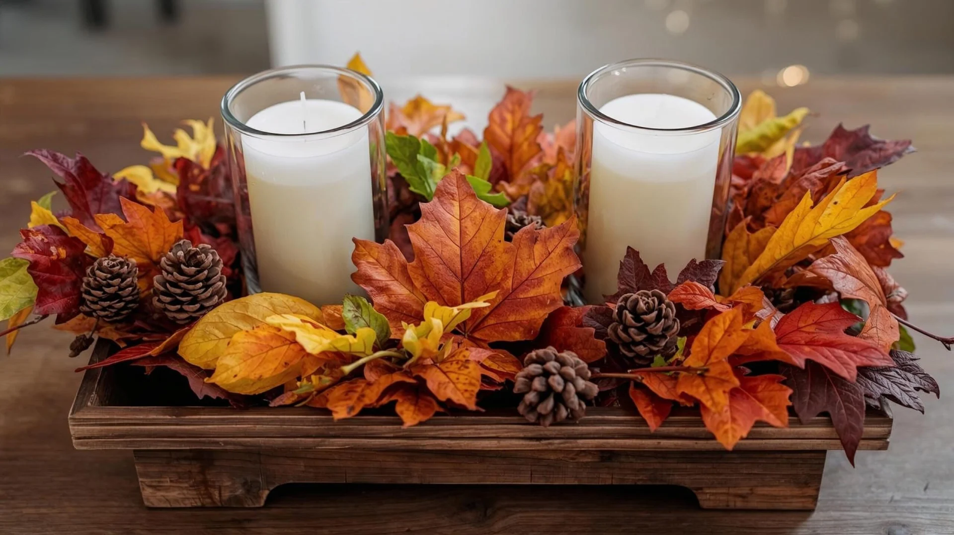 "A DIY Thanksgiving centerpiece made with colorful fall leaves, a few tall candles in glass holders, and a small wooden tray. The leaves are arranged around the base of the candles with a rustic, elegant look."