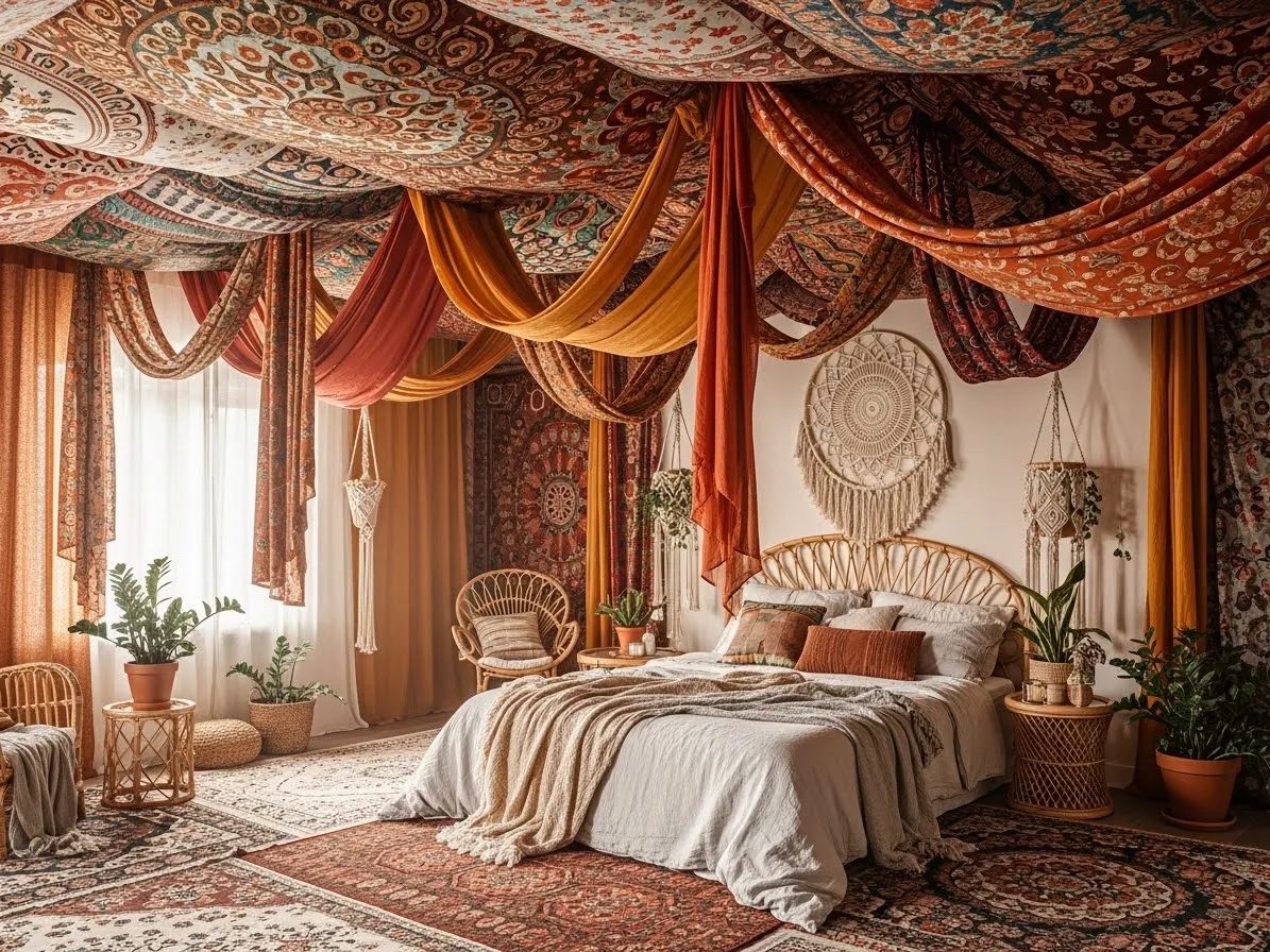 Boho fabric ceiling ideas with colorful patterned tapestries and layered drapes for a free-spirited bedroom look