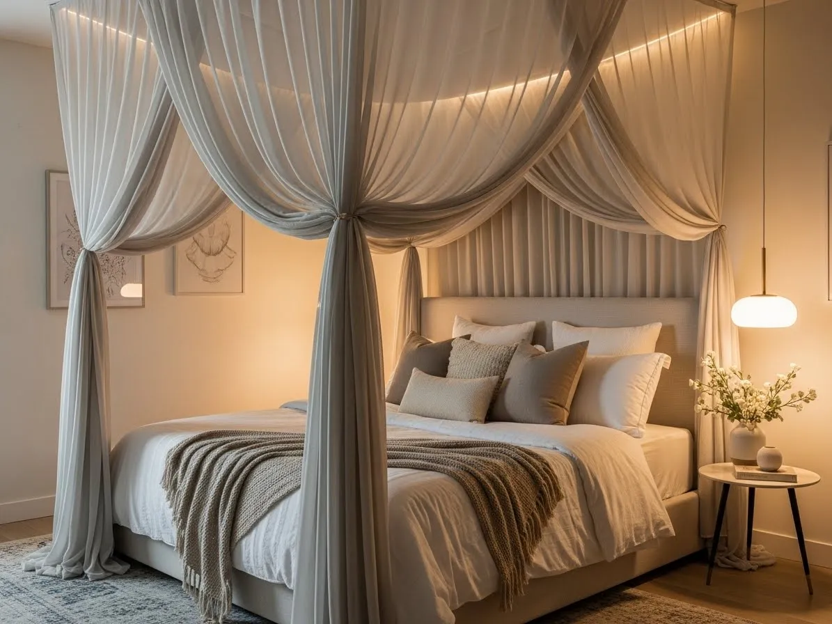 Fabric ceiling ideas featuring an elegant canopy draped above the bed for a soft and cozy retreat feel.
