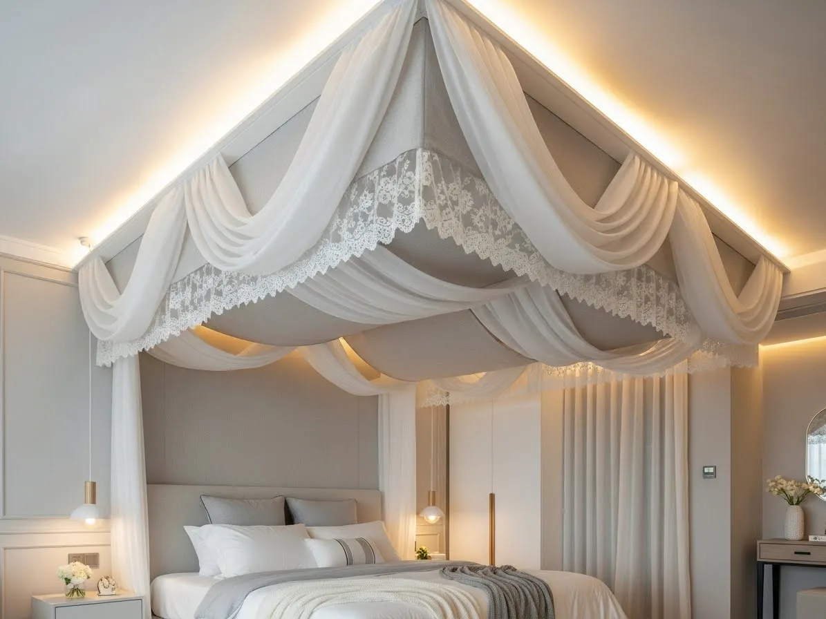 Fabric ceiling ideas using layered textures with sheers over linen and lace accents to add depth and soft visual interest.