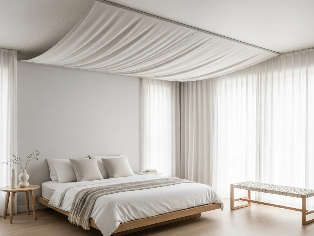 Minimalist fabric ceiling ideas featuring smooth neutral fabric panels for a clean and modern designer look.