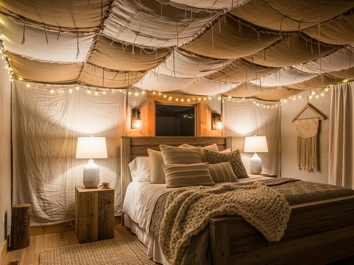 Fabric ceiling ideas using natural linen and burlap to create a warm rustic cabin-style ceiling look.