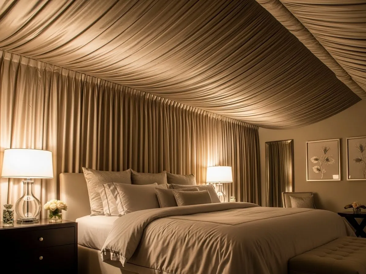 Fabric ceiling ideas using silk or satin fabric to create a luxurious and elegant boutique hotel–style room.