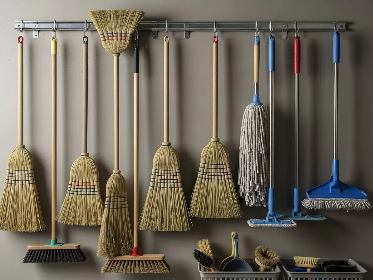 Cleaning supplies stored vertically on wall hooks.”