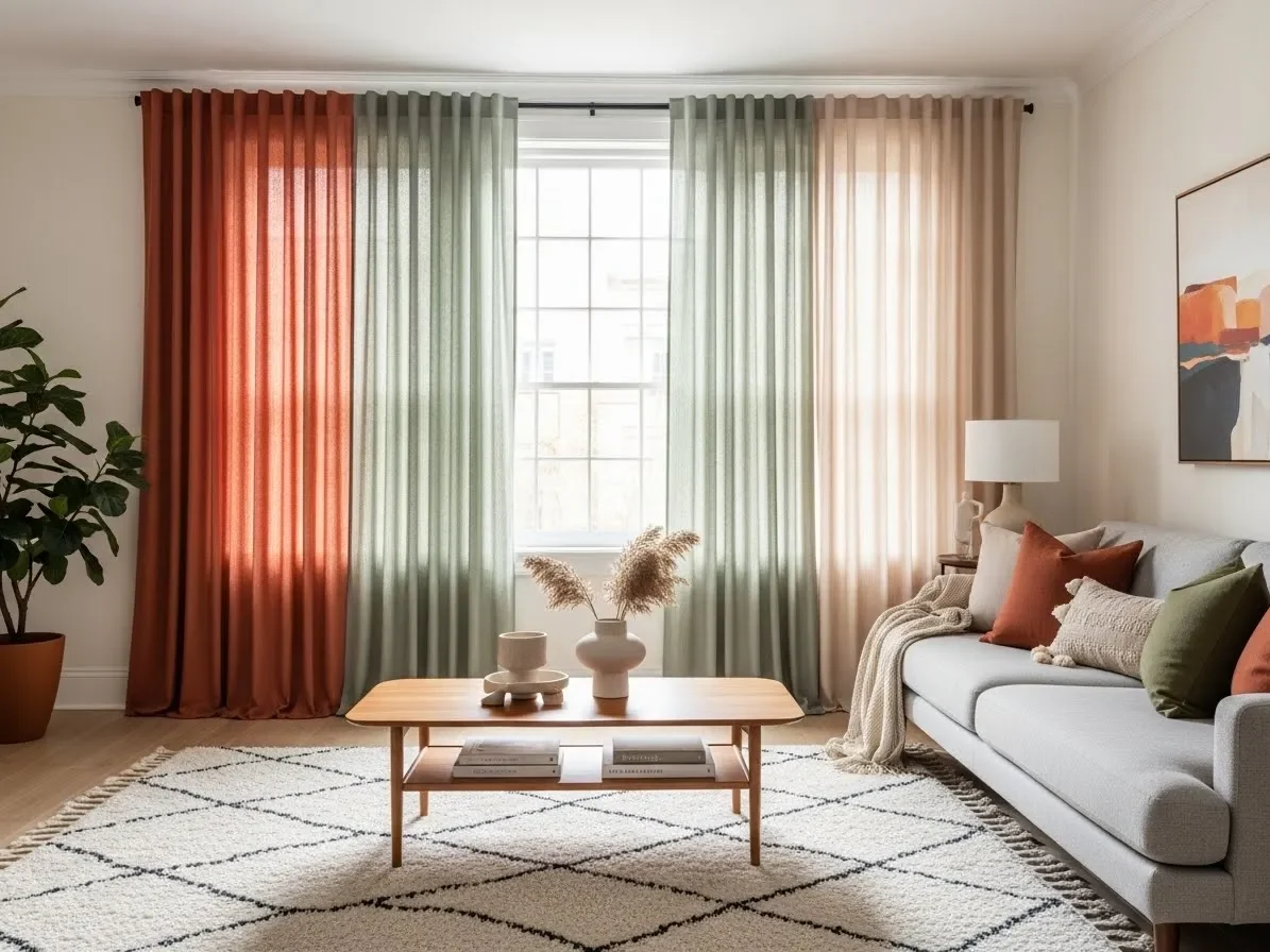Living room with curtains in trending 2026 colors including terracotta, sage green, and soft neutrals.