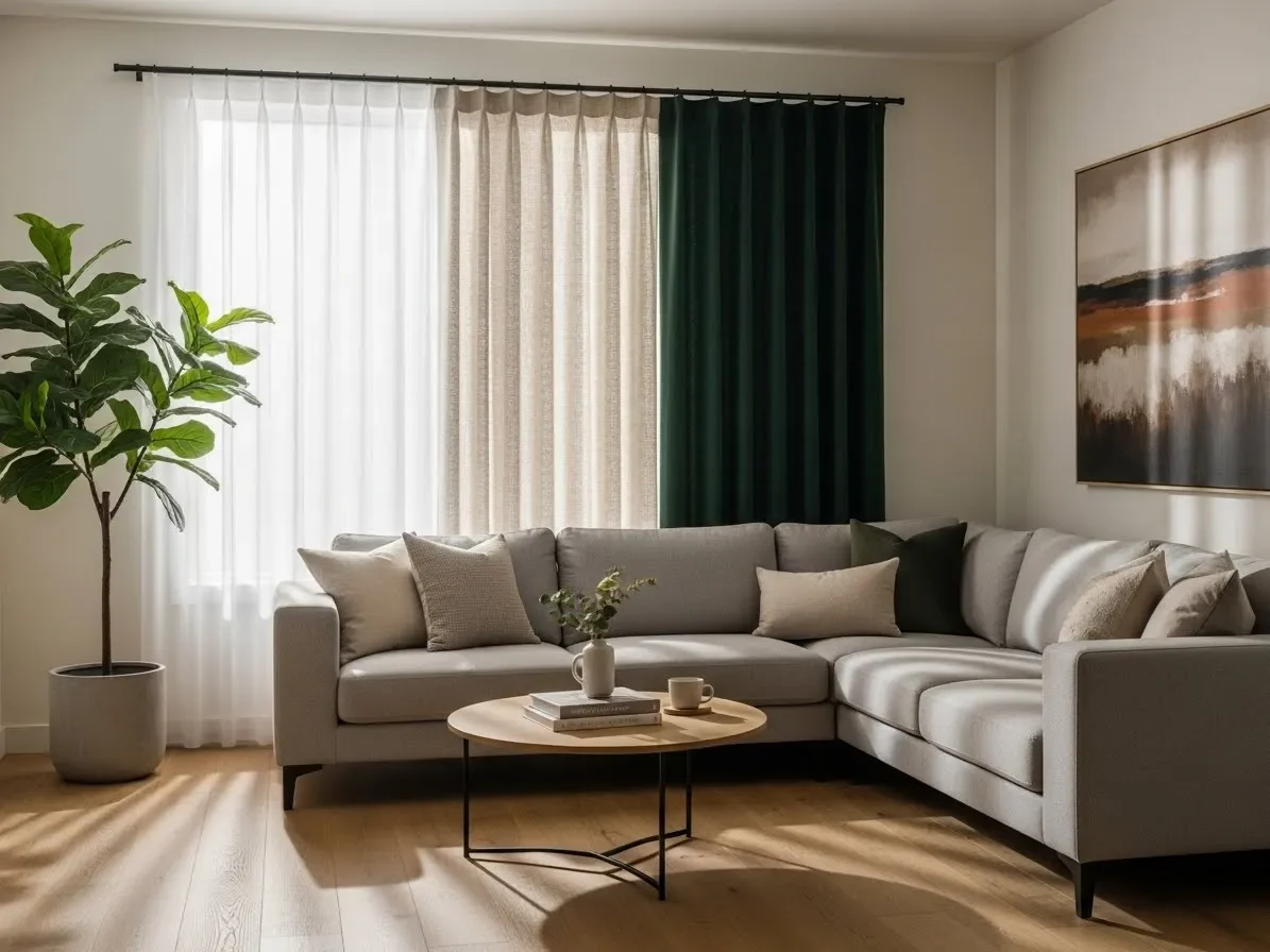 Living room with curtains in trending 2026 colors including terracotta, sage green, and soft neutrals.
