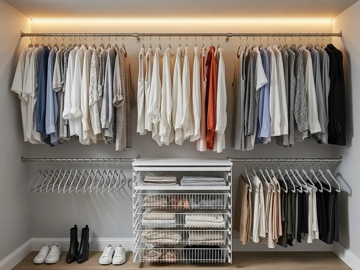 Small closet with slim hangers and extra rods.