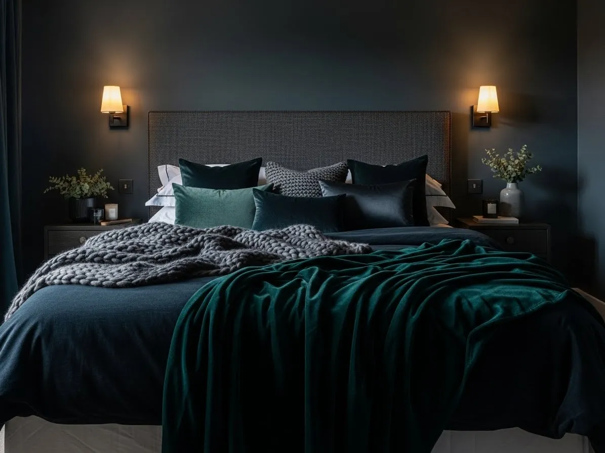 Rich textures like velvet and knits in a dark feminine bedroom.