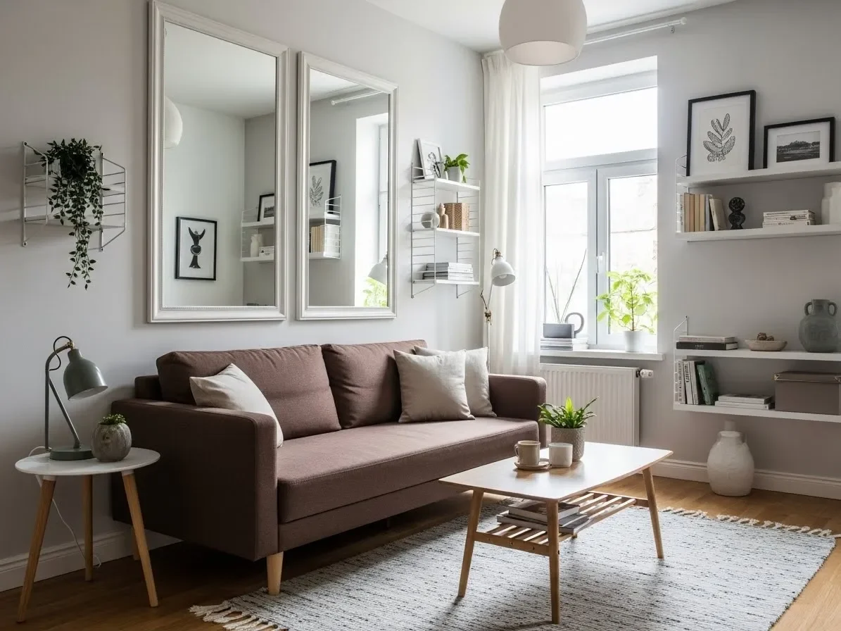 Small living room with a compact brown sofa and space-saving décor.”