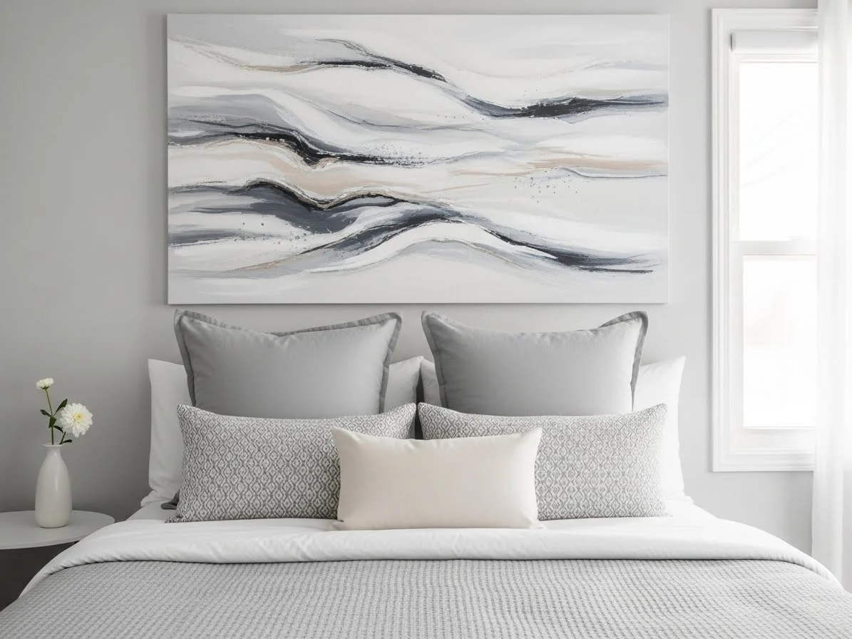 A serene space featuring grey bedroom ideas with simple wall art and clean, relaxing styling.