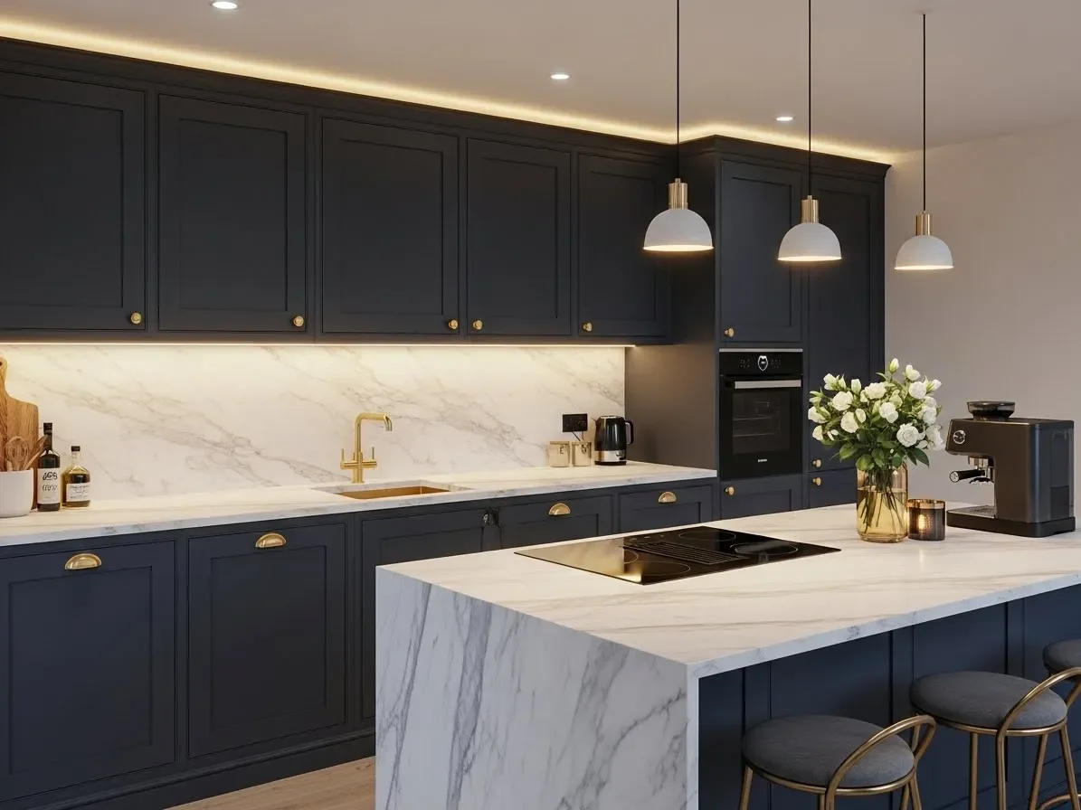  Midnight blue kitchen cabinets with gold hardware.
