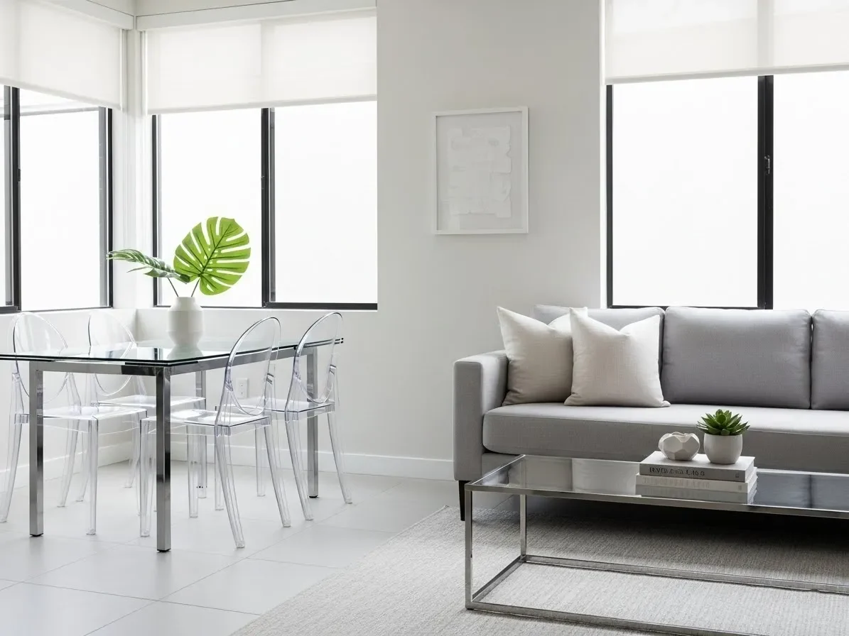 “Transparent glass and acrylic furniture in compact living-dining combo — open, airy feel.”