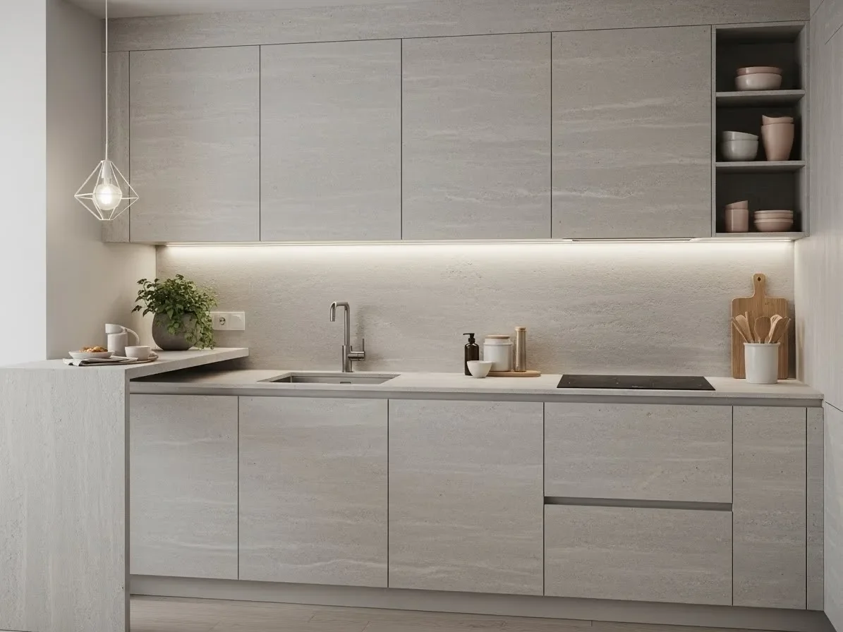 “Consistent materials and finishes creating a cohesive small kitchen design.”