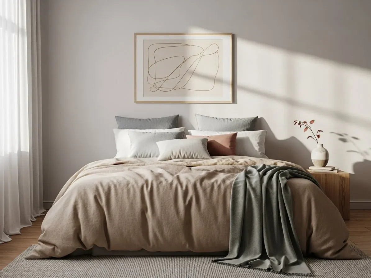 Japandi bedroom decorated with subtle muted accents and minimalist decor.