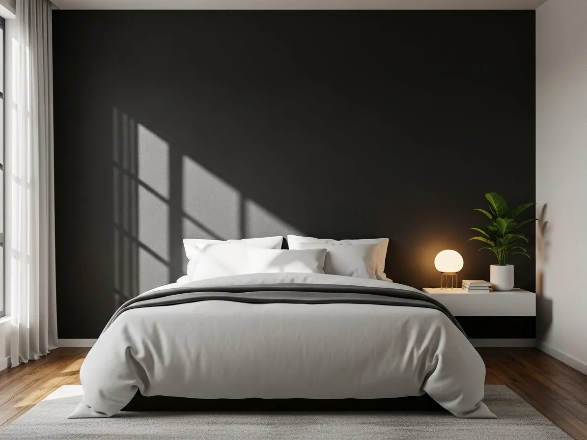 A dramatic charcoal wall showing grey bedroom ideas with high contrast and a cozy modern feel.