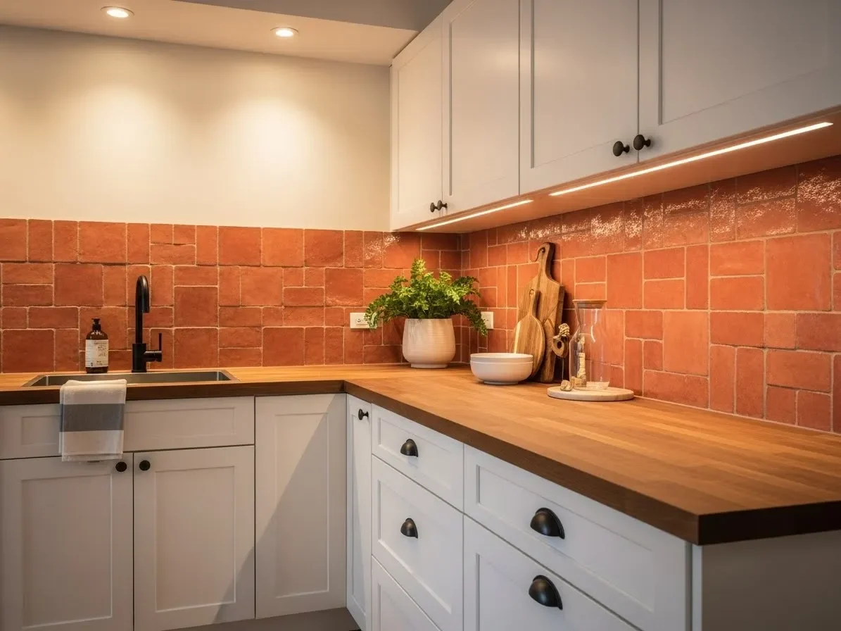 Kitchen showcasing a terracotta tile backsplash with white cabinetry.”