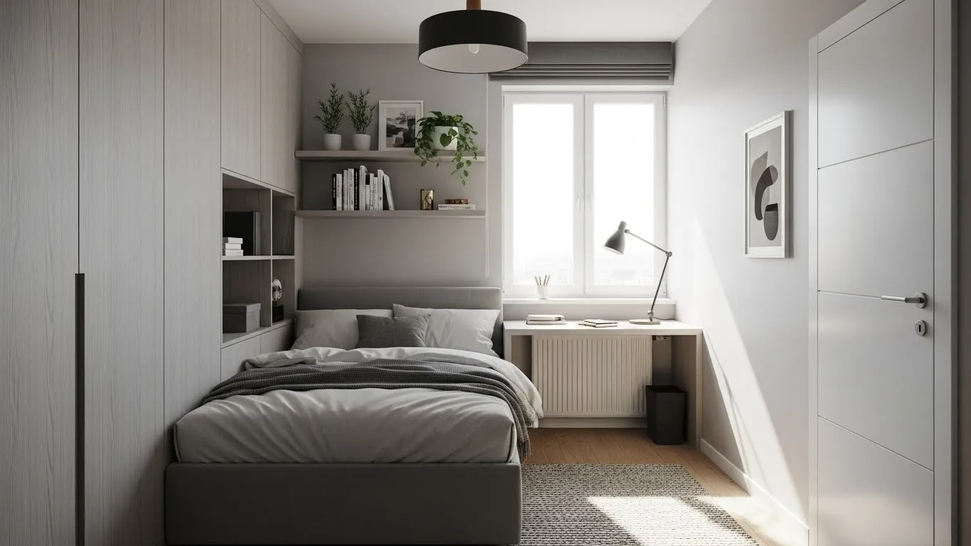 Apartment small bedroom with a compact layout including a slim wardrobe, wall shelves, and a small desk by the window.