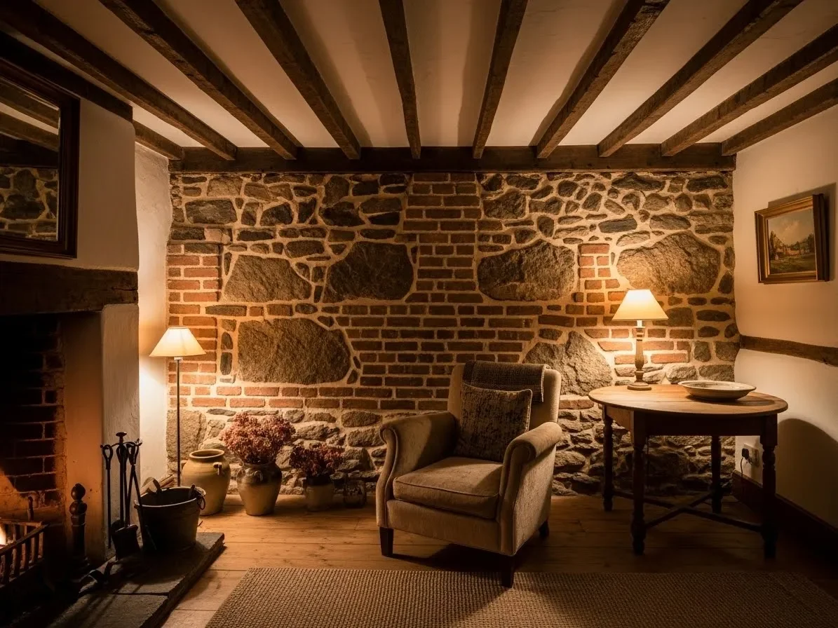 Rustic cottage room with exposed beams and stone wall in warm cottage home decor.
