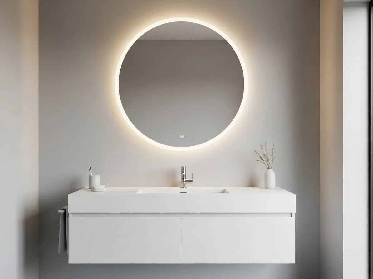 Modern bathroom with LED backlit mirror creating a soft halo glow.”