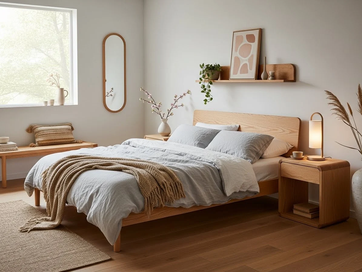 Japandi bedroom blending straight-line furniture with soft textures and fabrics.