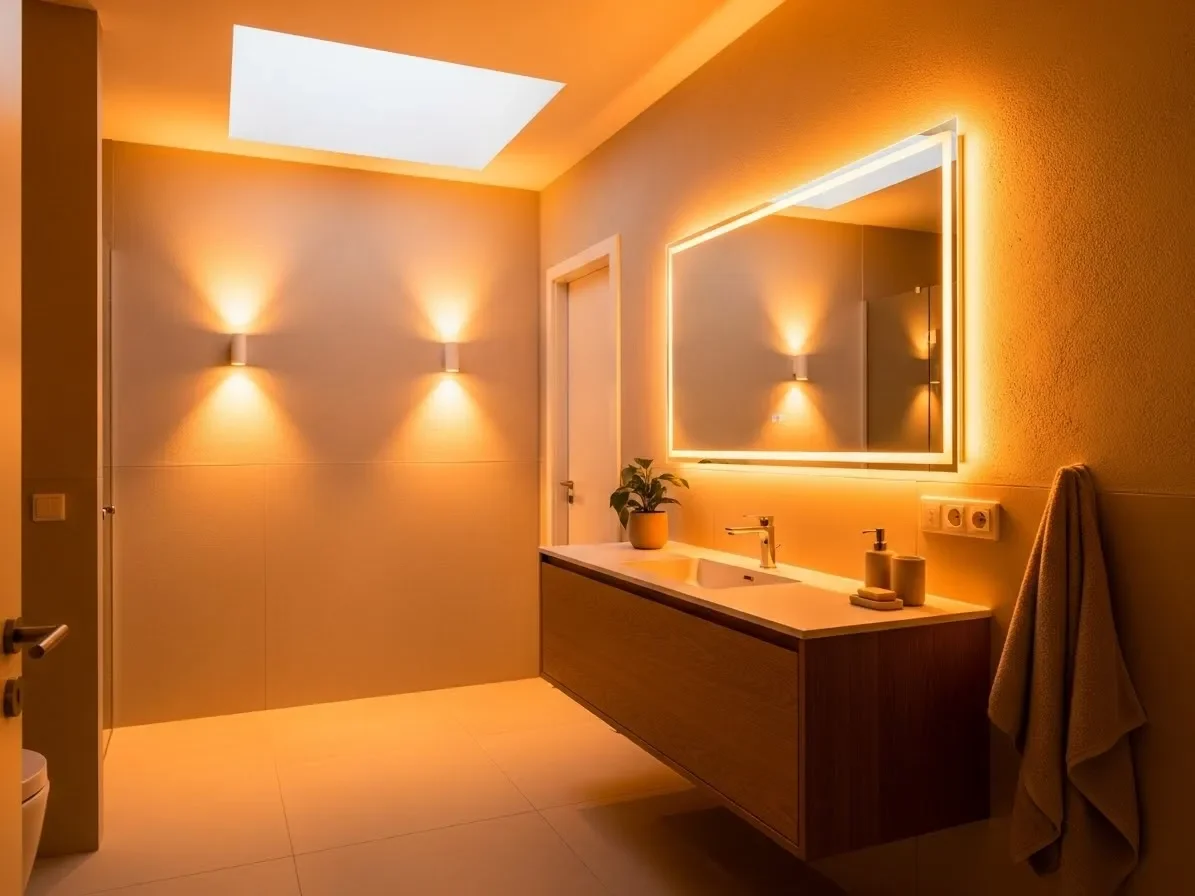 Warm minimalist bathroom with layered lighting including sconces, overhead light, and LED mirror glow.”