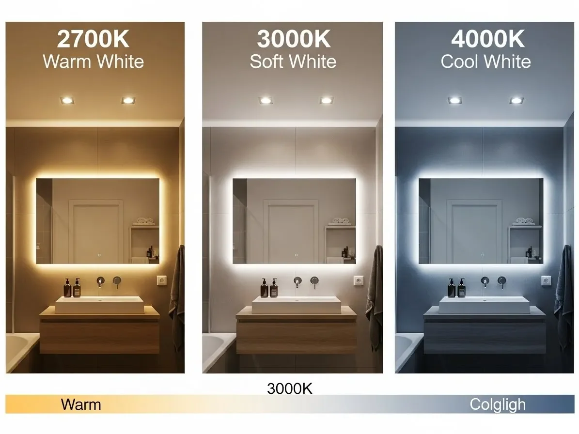 side-by-side bathroom lighting comparison showing warm vs cool color temperatures.