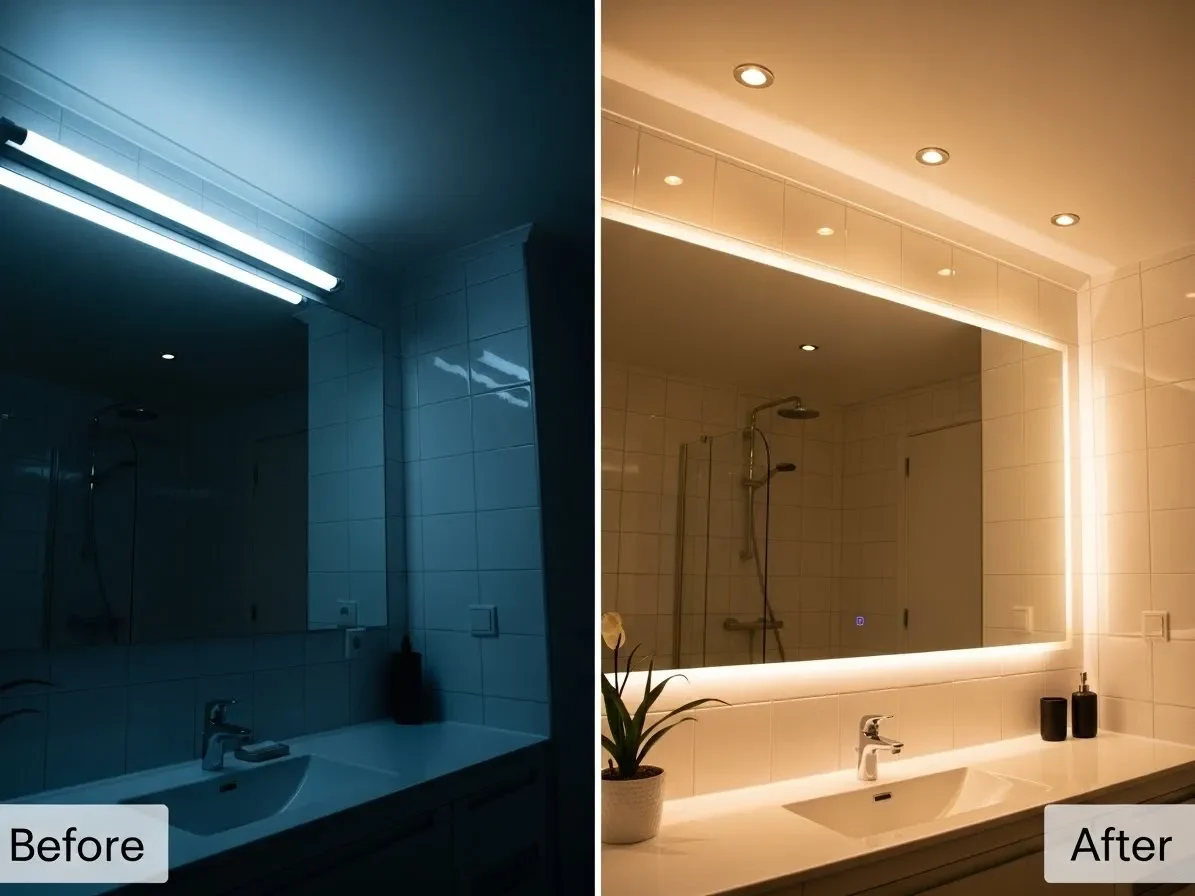 Before and after comparison showing poor cool lighting versus warm flattering bathroom lighting.”