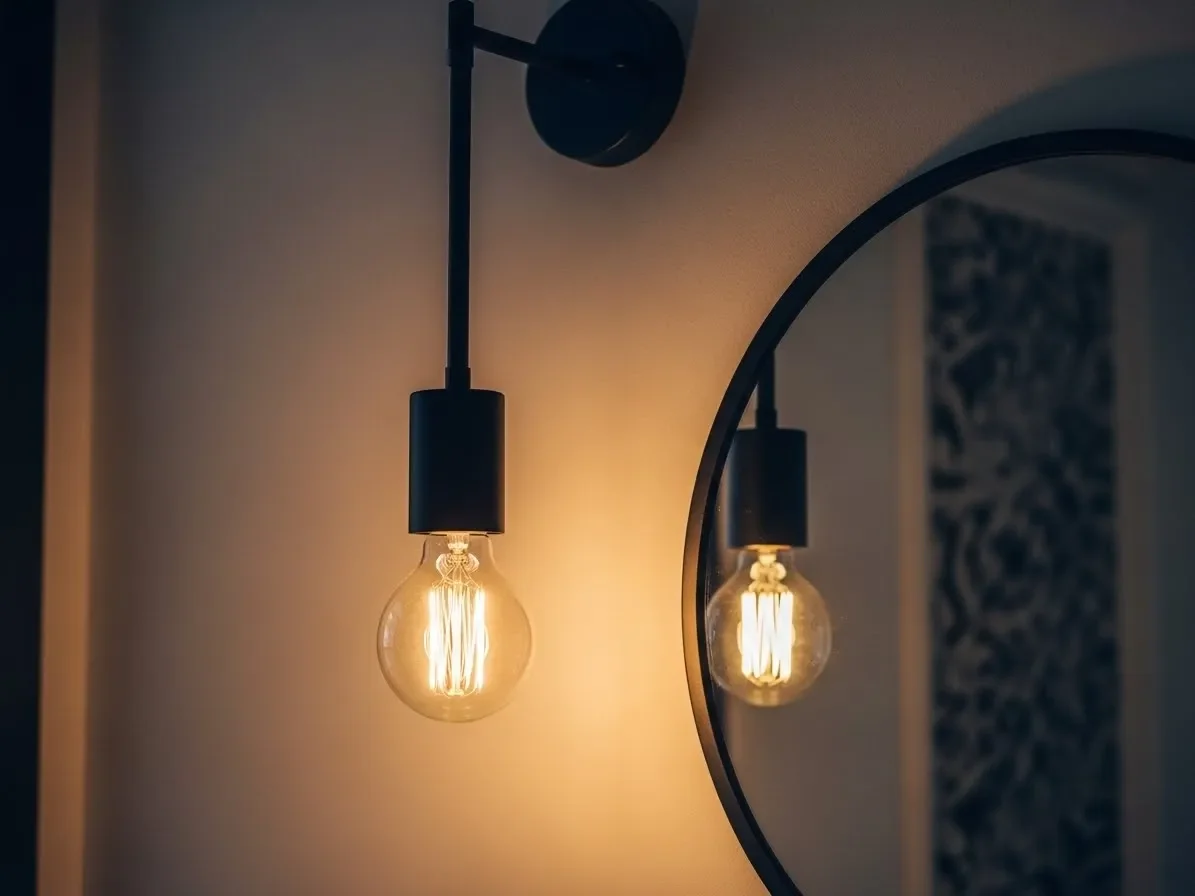“Bathroom pendant light hanging beside vanity mirror with warm Edison bulb glow.”