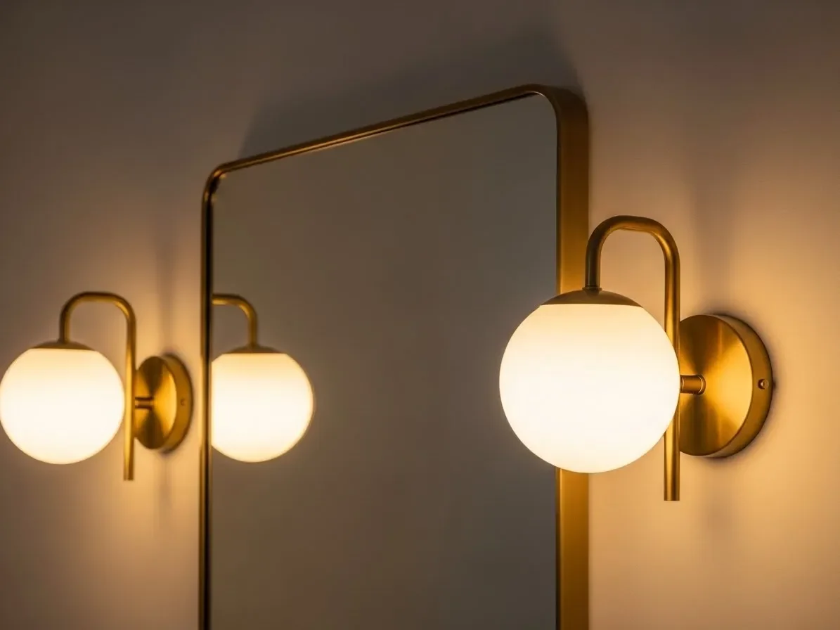 lose-up of modern brass globe sconces emitting warm light beside a bathroom mirror.”