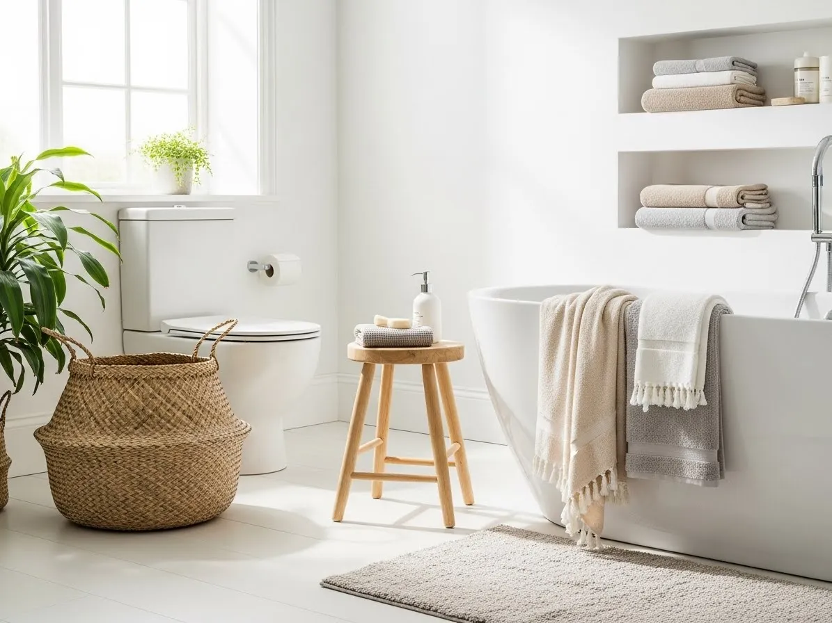 A bright, layered look using beach bathroom ideas with an all-white base and natural woven details.
