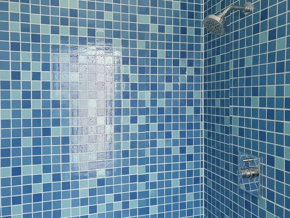 A shower design featuring beach bathroom ideas with blue mosaic tile and a fresh white background.