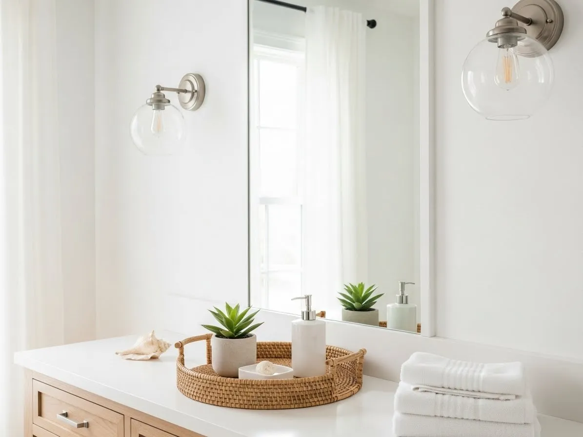 A vanity scene showing beach bathroom ideas with glass globe lighting and a fresh, airy finish.