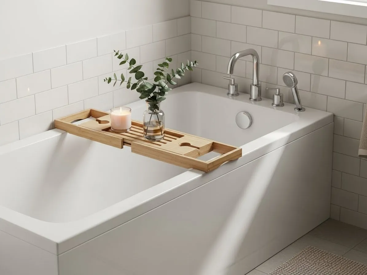 A relaxing bath zone styled with beach bathroom ideas including a wood tray, candle, and greenery.
