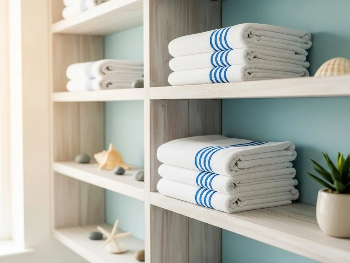 Simple beach bathroom ideas displayed with white linen-look towels and soft blue striped accents.