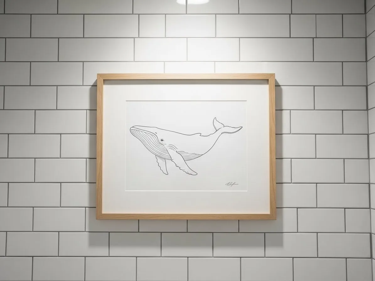 A calm wall display using beach bathroom ideas with a framed nautical print above clean white tile.