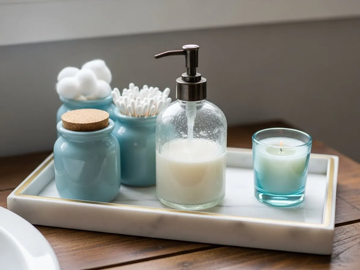 Countertop styling inspired by beach bathroom ideas with sea-glass accessories and soft coastal colors.