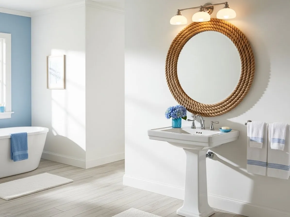 A focal-point design using beach bathroom ideas with a round rope mirror and simple coastal styling.