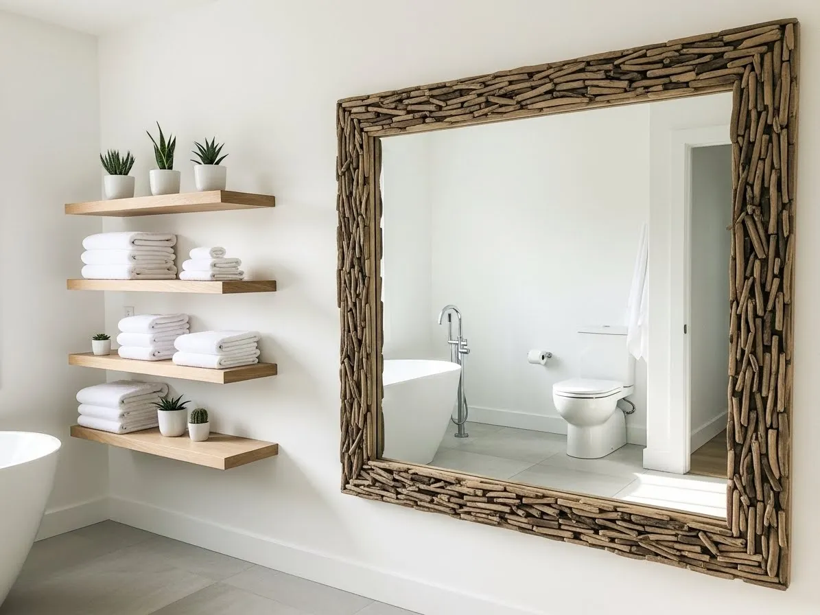 A light, airy look using beach bathroom ideas with driftwood-style wood shelves and a rustic mirror.