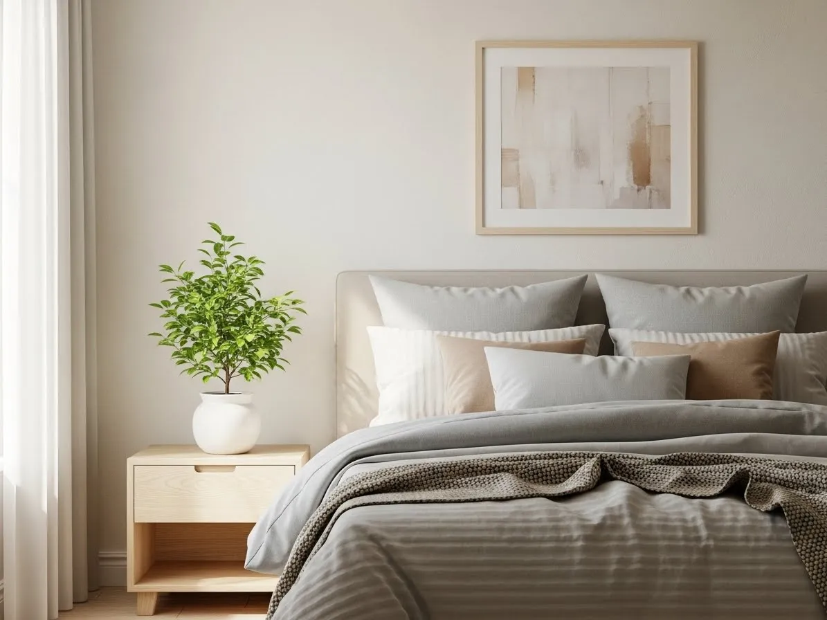 Bedroom greenery with a small plant adding a fresh touch to a neutral cozy bedroom.