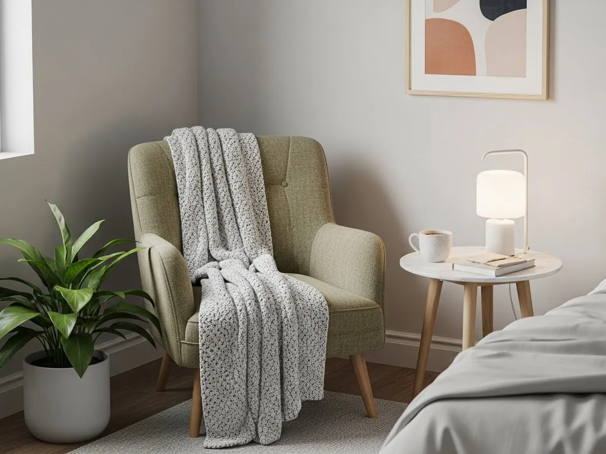 Small bedroom sitting area with a cozy chair and side table for a functional styled corner.