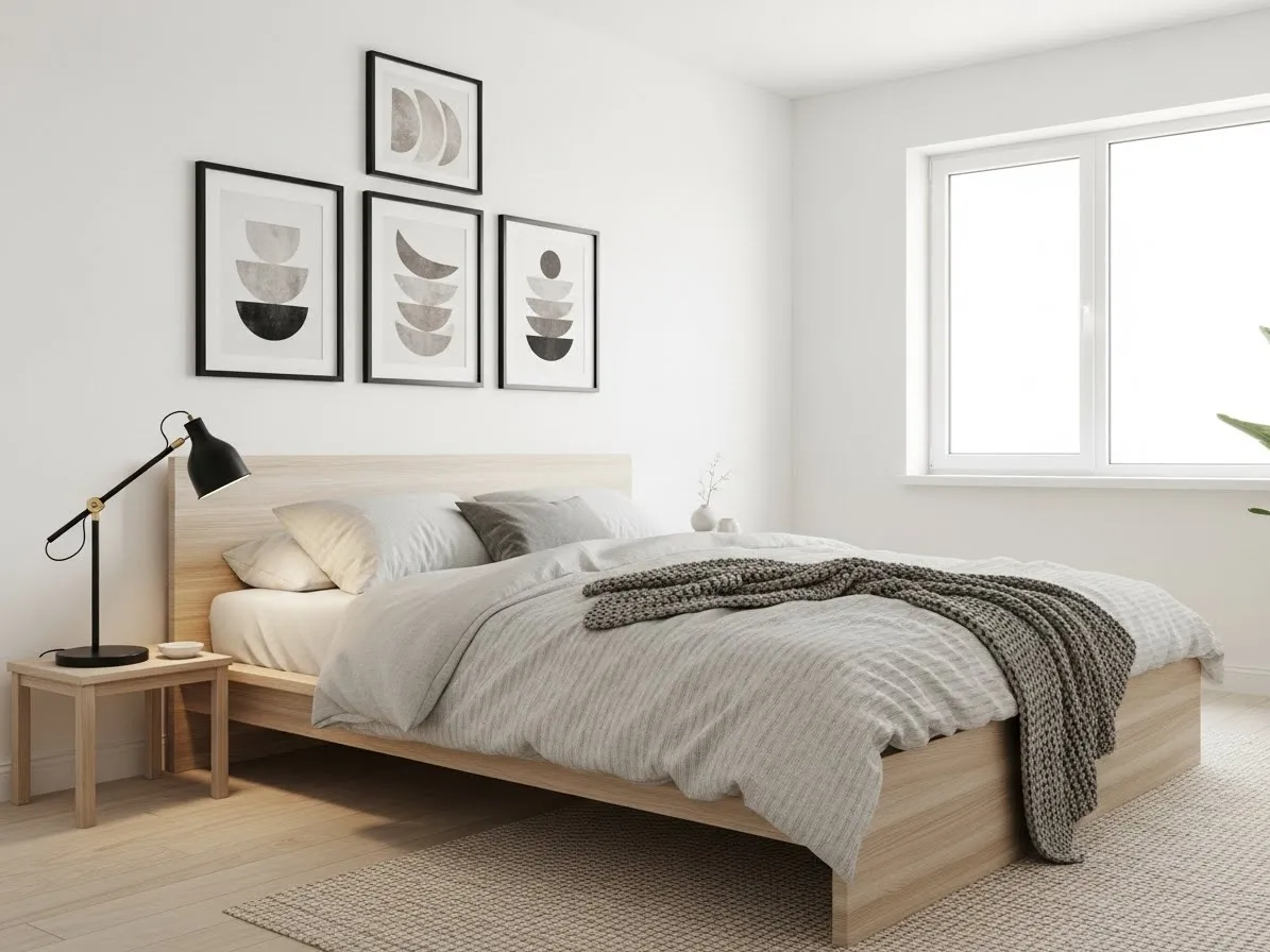 Black accents add contrast in a Scandinavian bedroom with neutral colors and light wood.