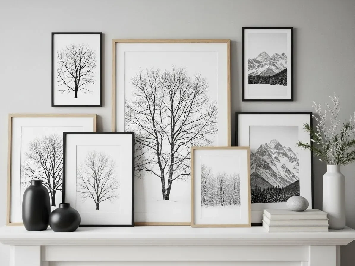 “Black-and-white winter artwork displayed on a mantel for simple winter mantel decorating ideas.”