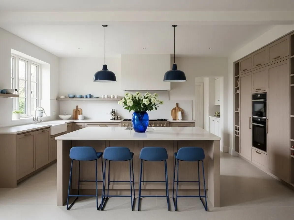 Neutral kitchen decorated with blue stools and blue accessories.