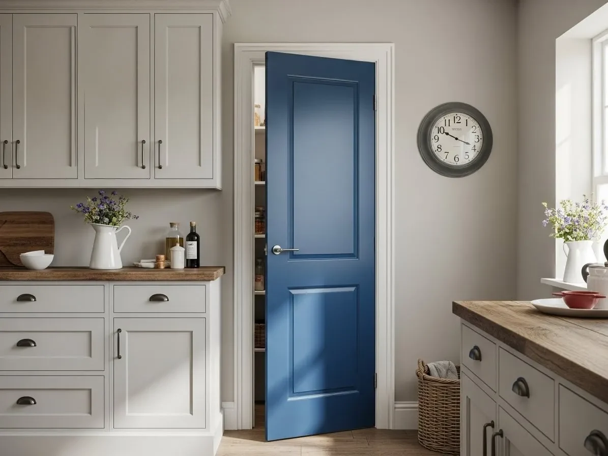  Blue kitchen pantry door adding a pop of color.