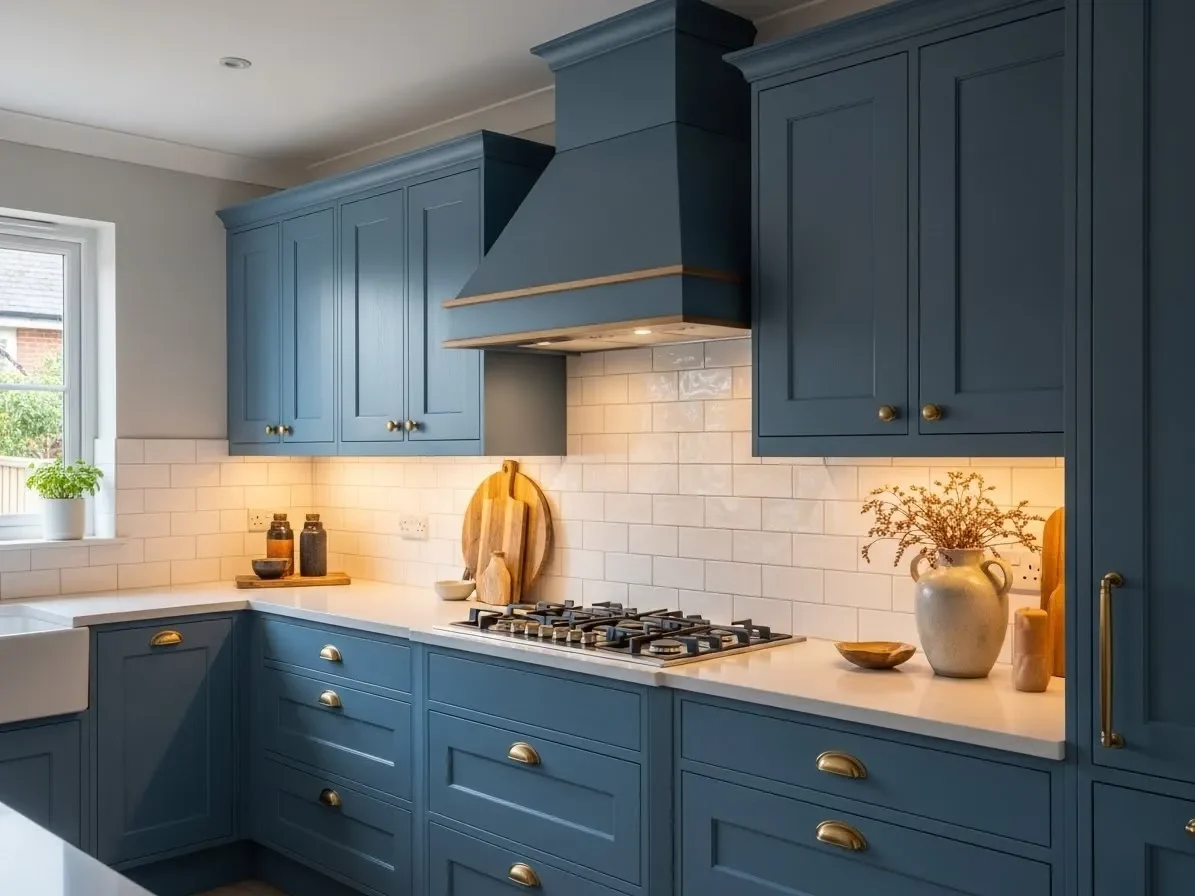 Blue range hood above a white backsplash in a modern kitchen.